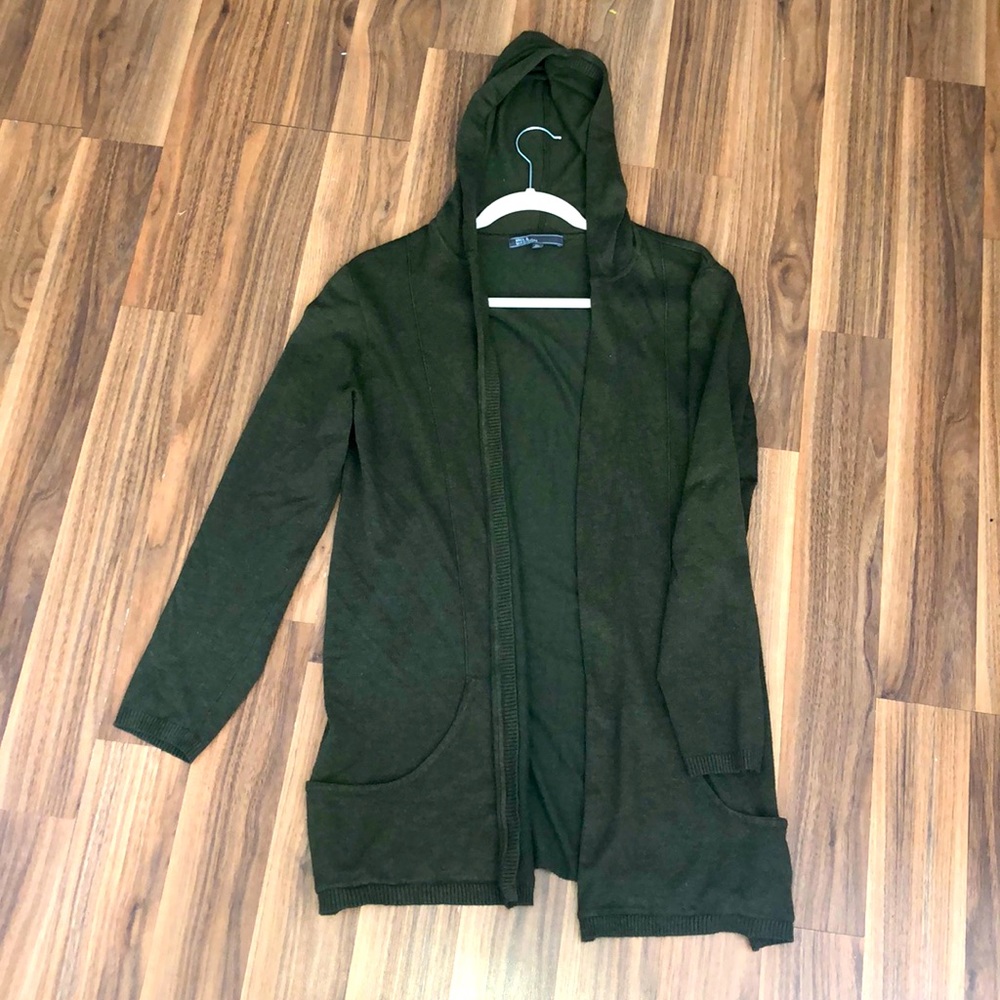 Olive colored extra long cardigan.